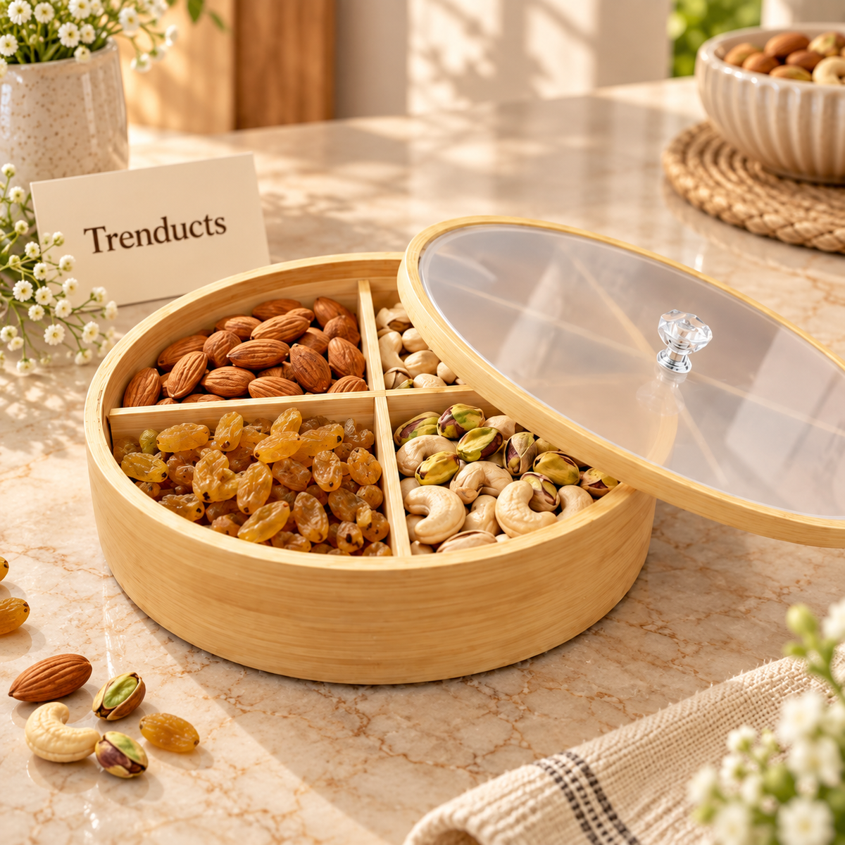 Round Wooden Dry Fruit Box with 4 Compartments