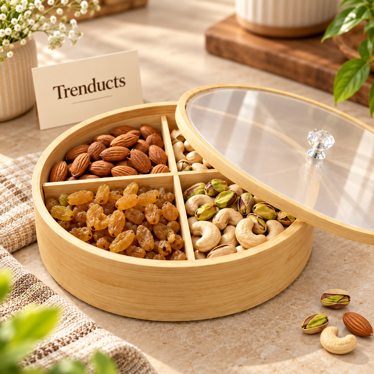 Round Wooden Dry Fruit Box with 4 Compartments