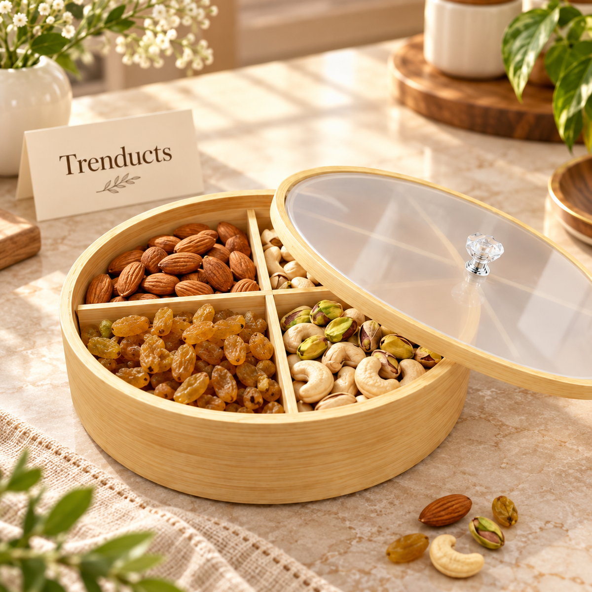 Round Wooden Dry Fruit Box with 4 Compartments