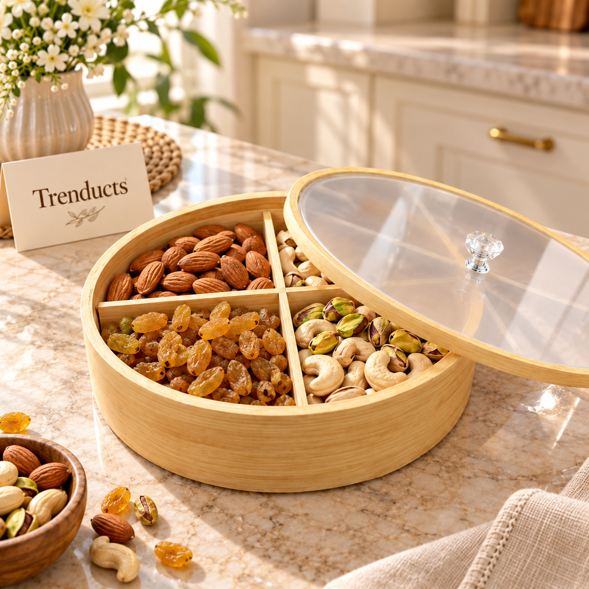 Round Wooden Dry Fruit Box with 4 Compartments