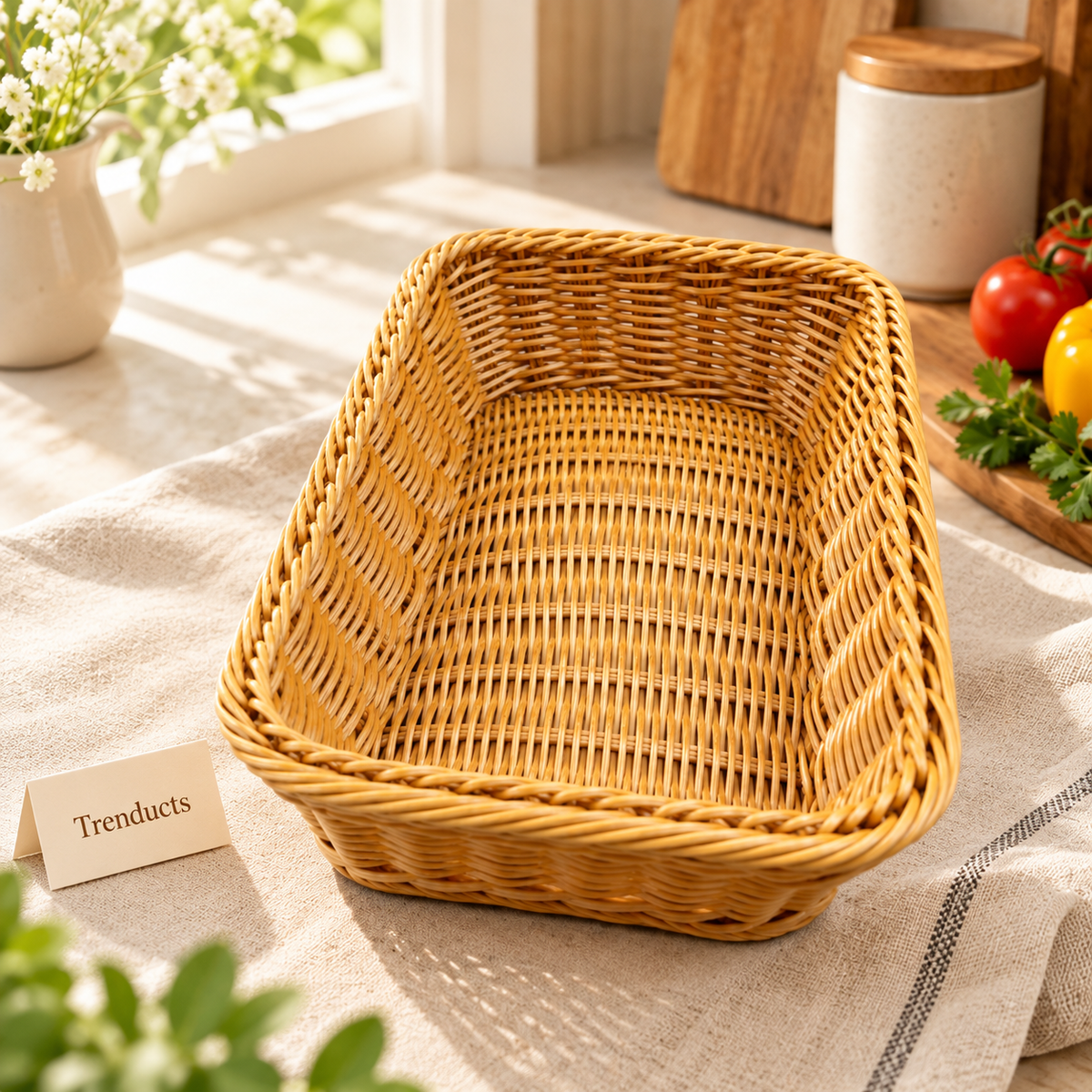 Rectangular Cane Serving Basket for Dining & Storage