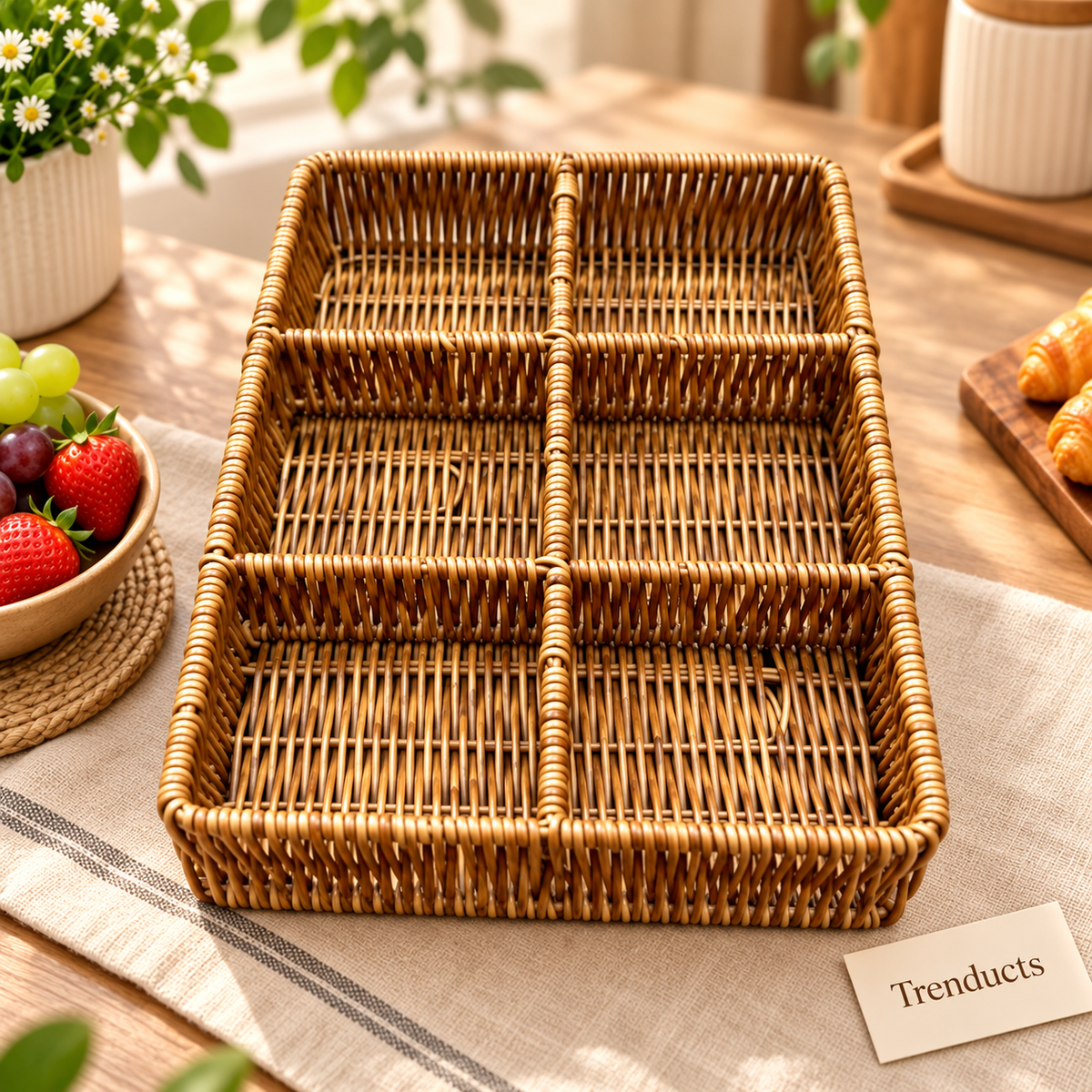 6-Compartment Cane Basket Organizer for Table & Storage