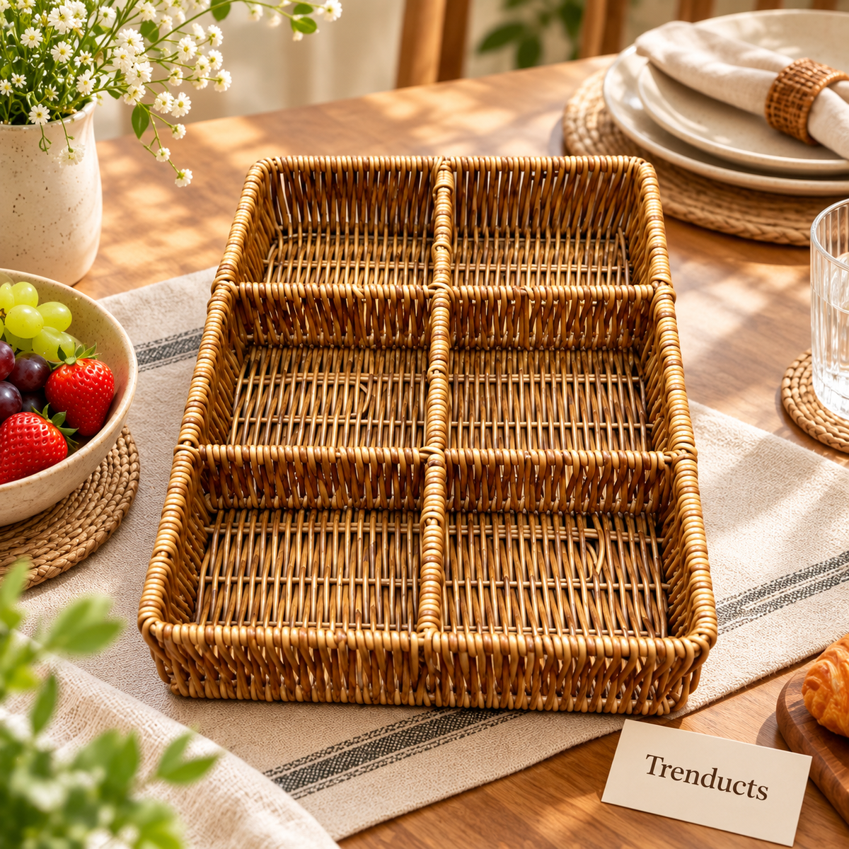 6-Compartment Cane Basket Organizer for Table & Storage