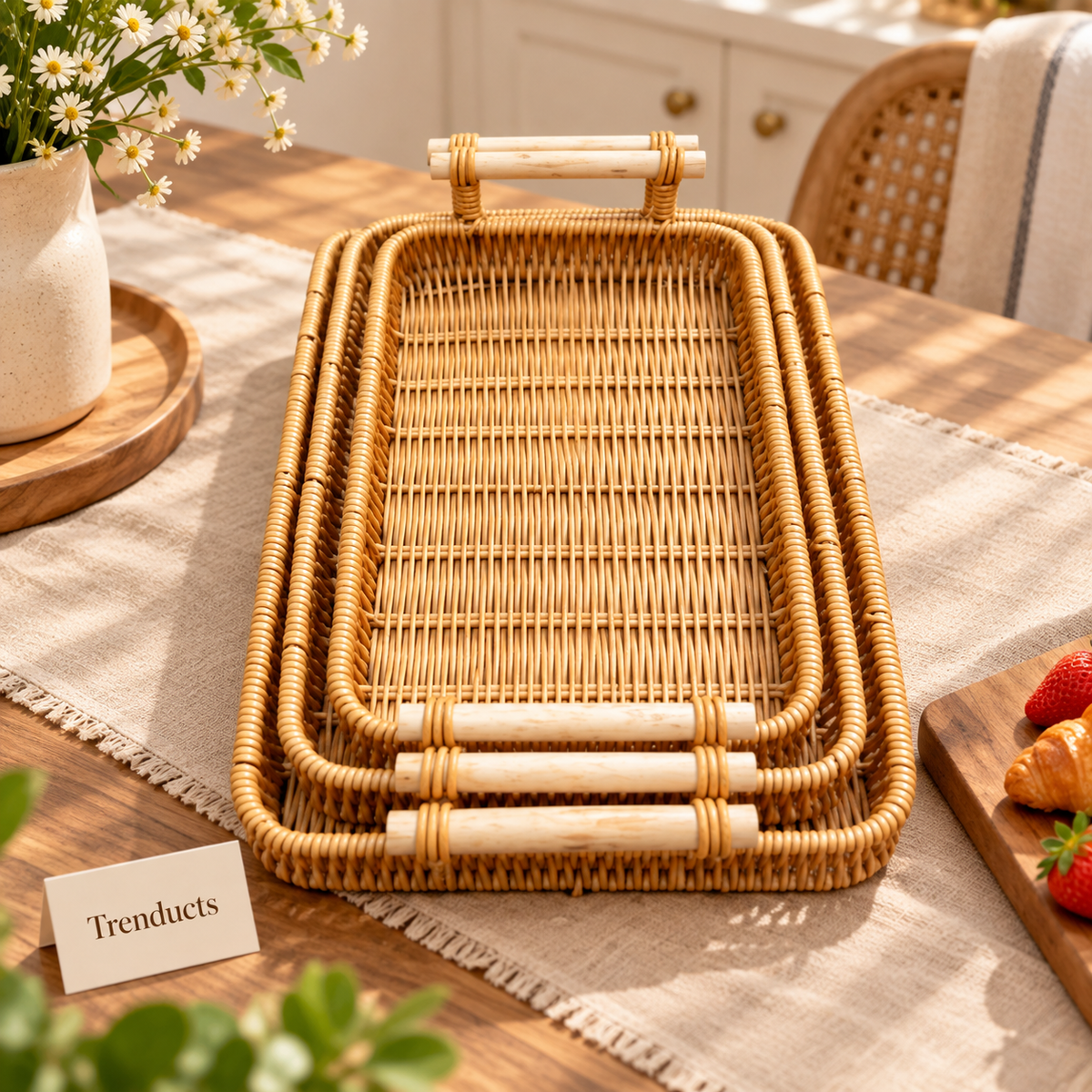 Nested Cane Serving Tray Set for Dining & Home Decor