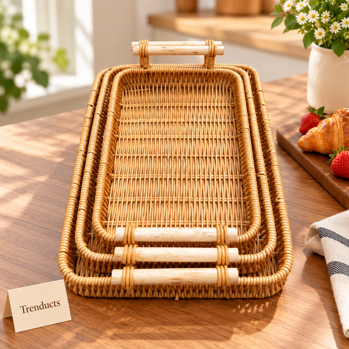 Nested Cane Serving Tray Set for Dining & Home Decor