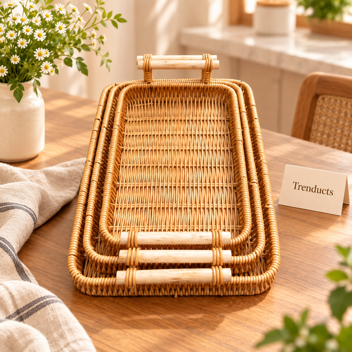 Nested Cane Serving Tray Set for Dining & Home Decor