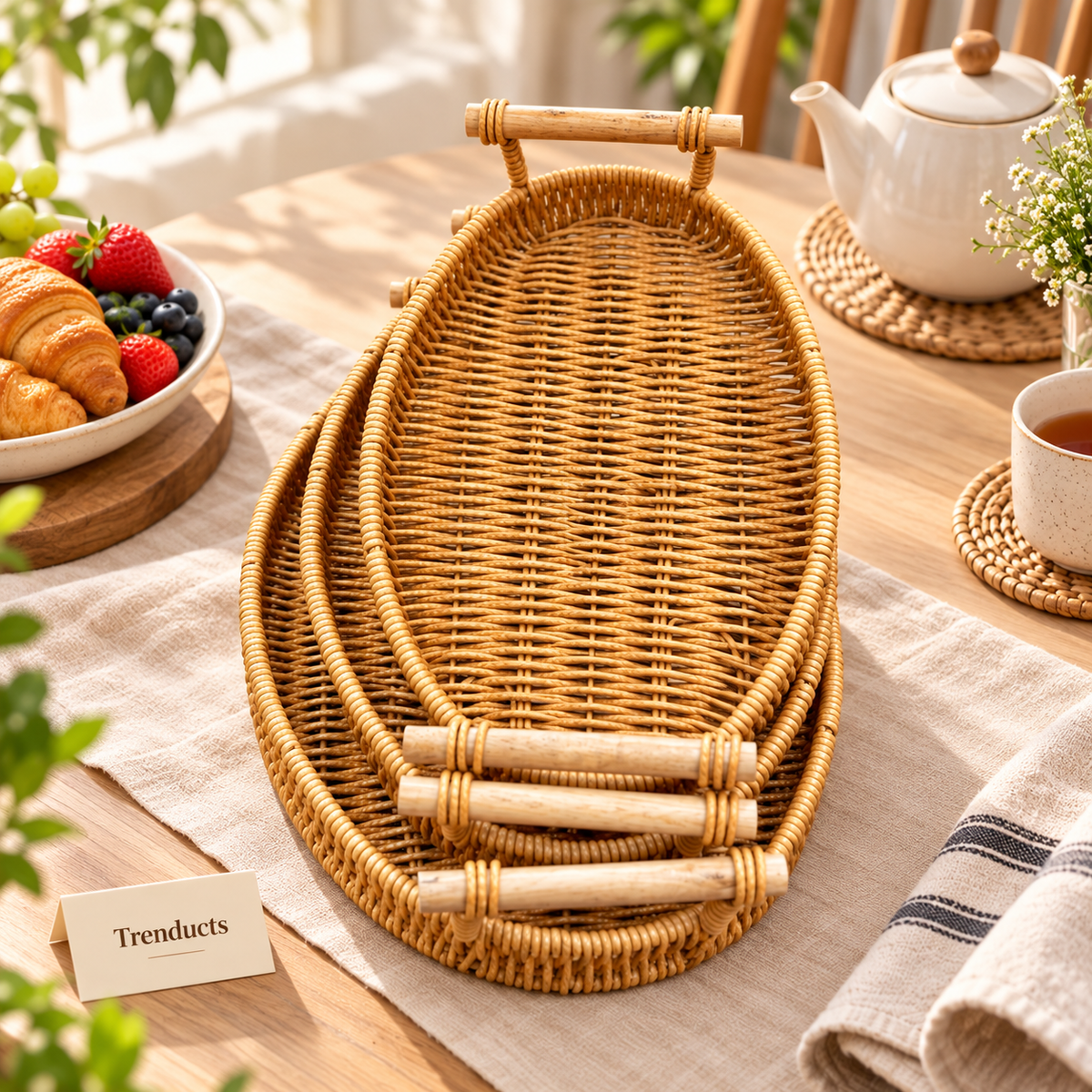 3-Piece Oval Cane Serving Tray Set