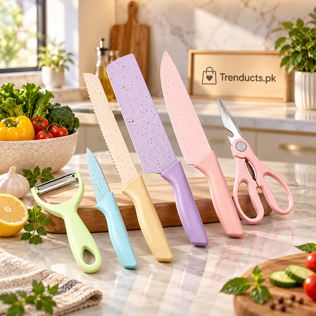 6-Piece Pastel Kitchen Knife, Peeler & Scissor Set
