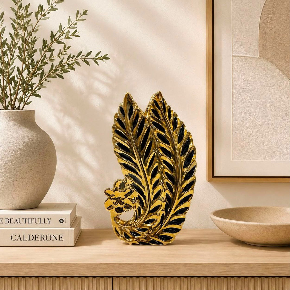 Gold Leaf Ceramic Vase - Black and Gold Feather Design Decor