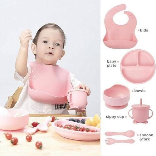 Silicone Baby Feeding Set with Bib, Divided Plate, Bowl and Cup