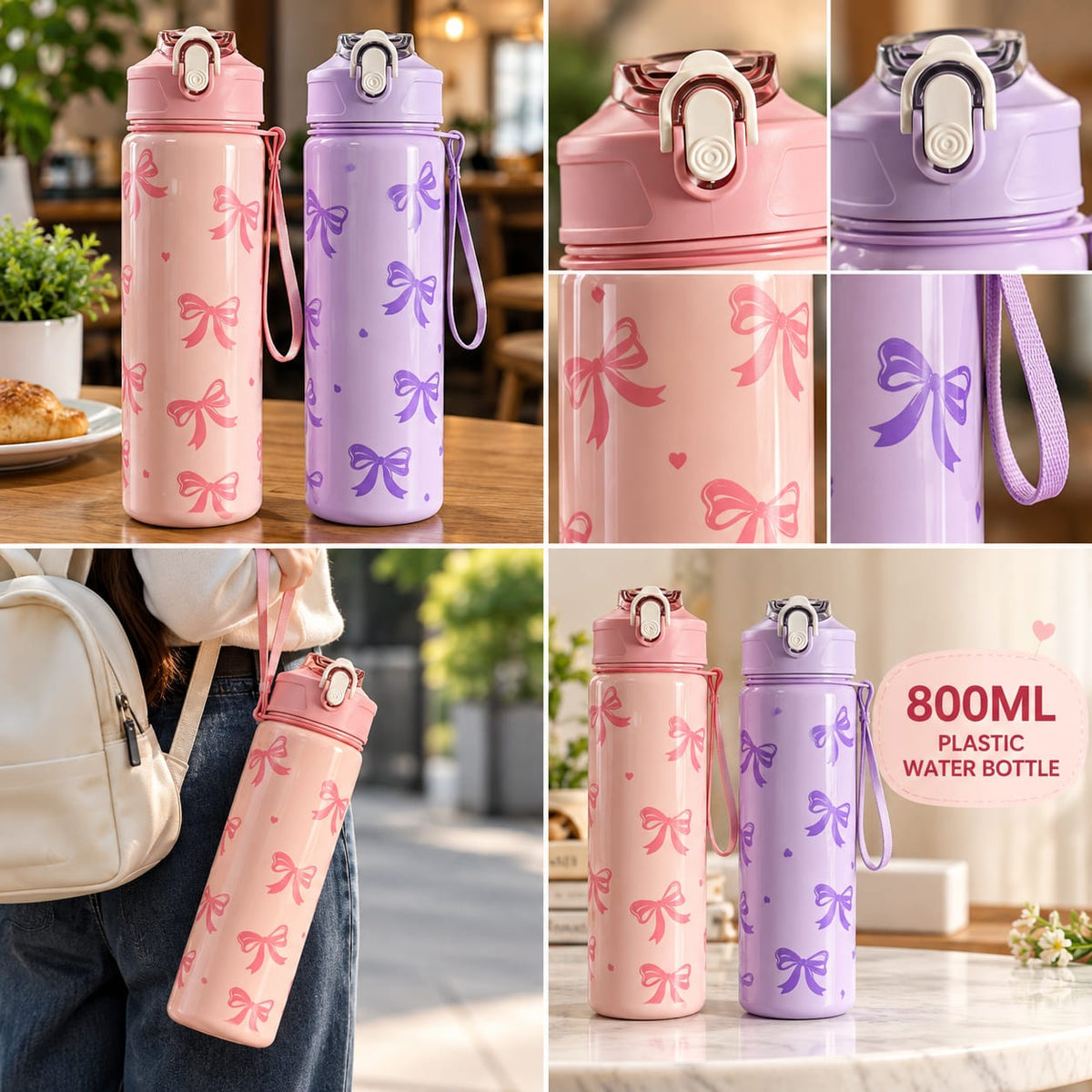 800ml Bow Print Water Bottle with Flip Lid and Carry Strap (Random)