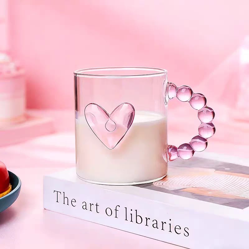Heart Glass Mug with Pink Dot Bubble Handle - Aesthetic Cup