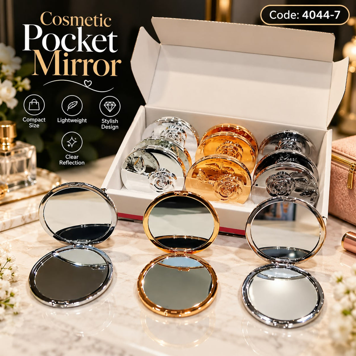 Embossed Rose Cosmetic Pocket Mirror - Round Metallic Finish (each)