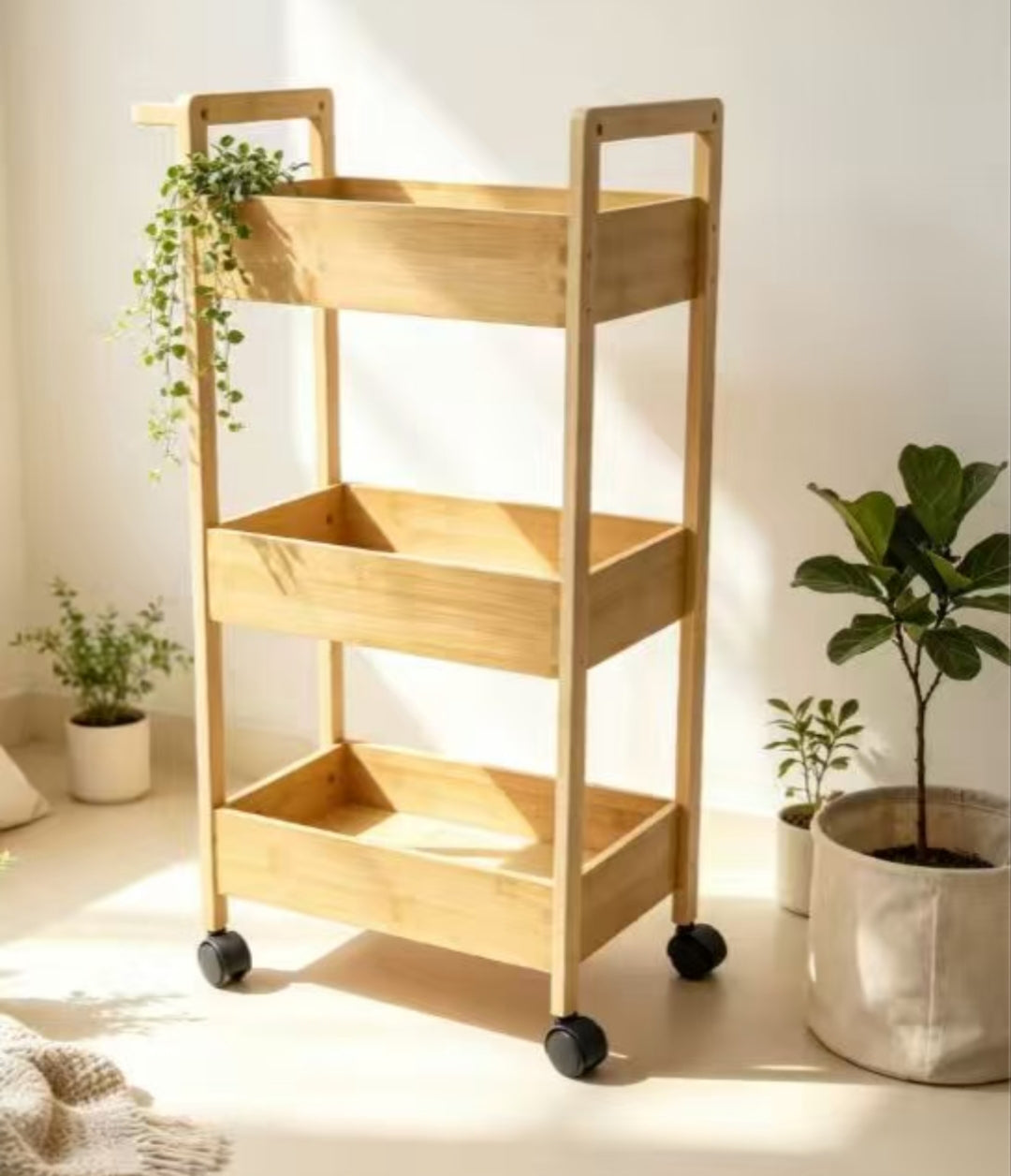 3 Tier Bamboo Trolley Storage Rack with Wheels and Handles