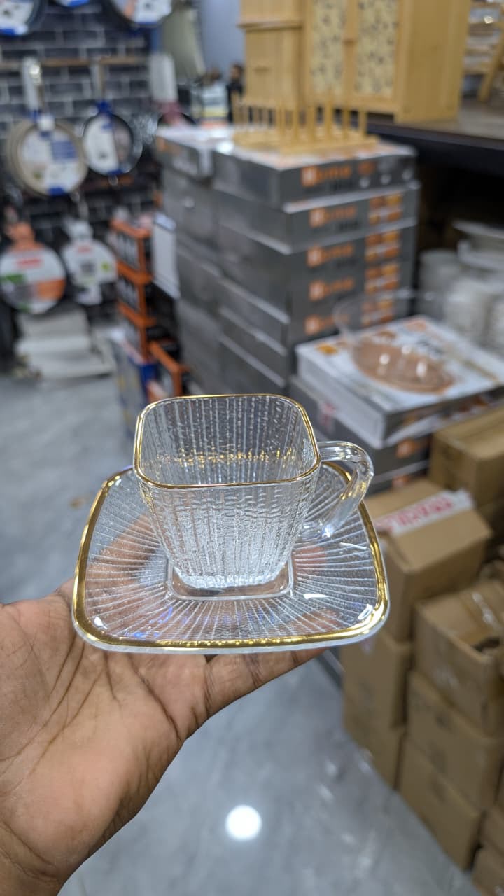 Ribbed Square Glass Cup and Saucer Set with Golden Rim - 6 Pcs
