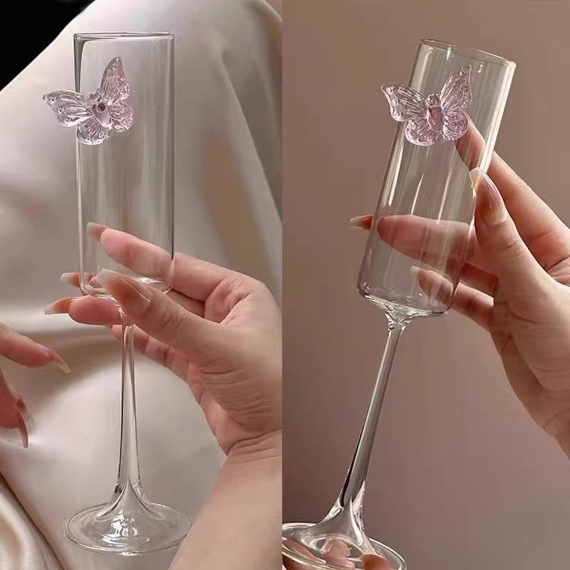 Aesthetic Butterfly Juice Glass - Tall Clear Glass with Pink Butterfly