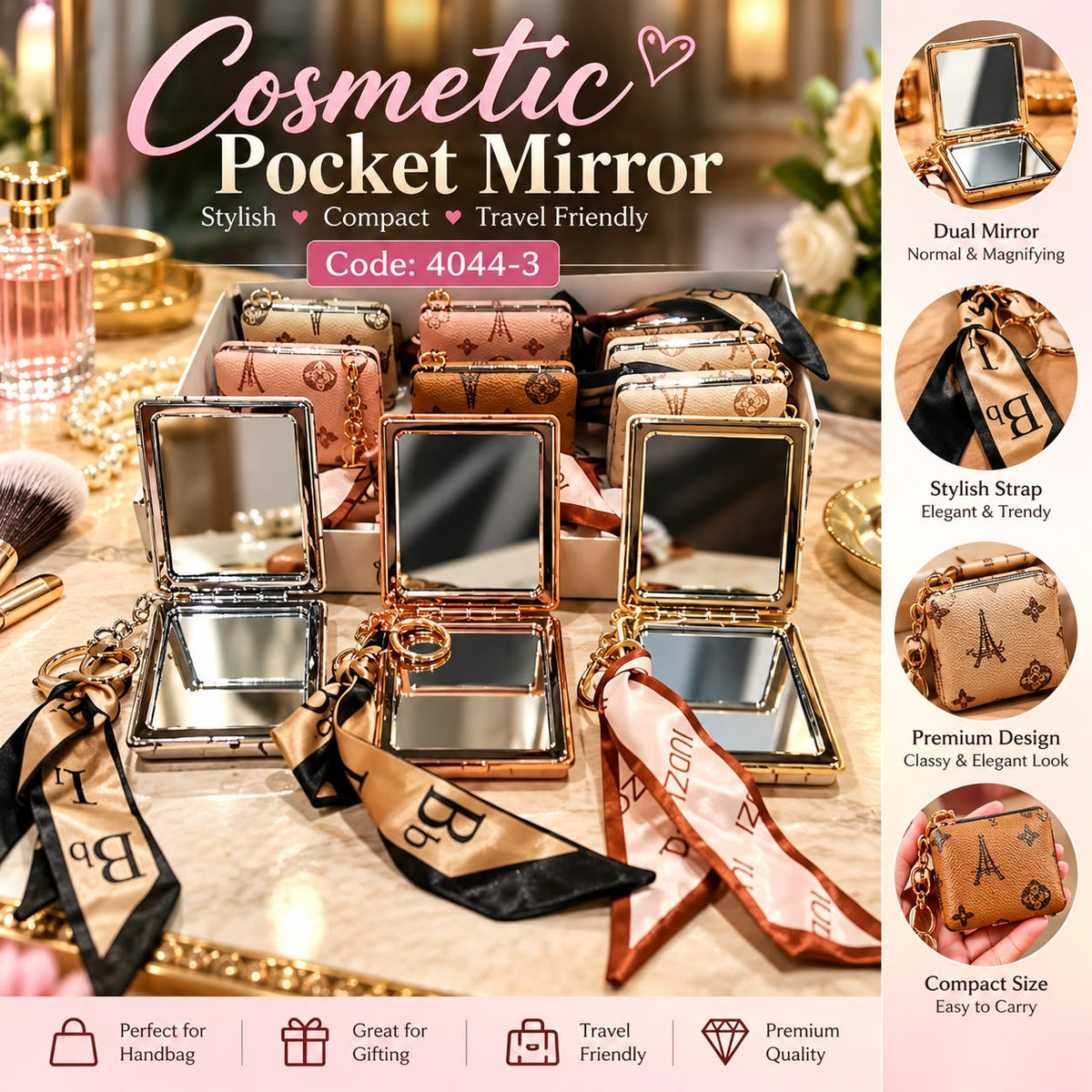 Monogram Print Cosmetic Pocket Mirror - Square Dual Mirror with Scarf Strap (each)