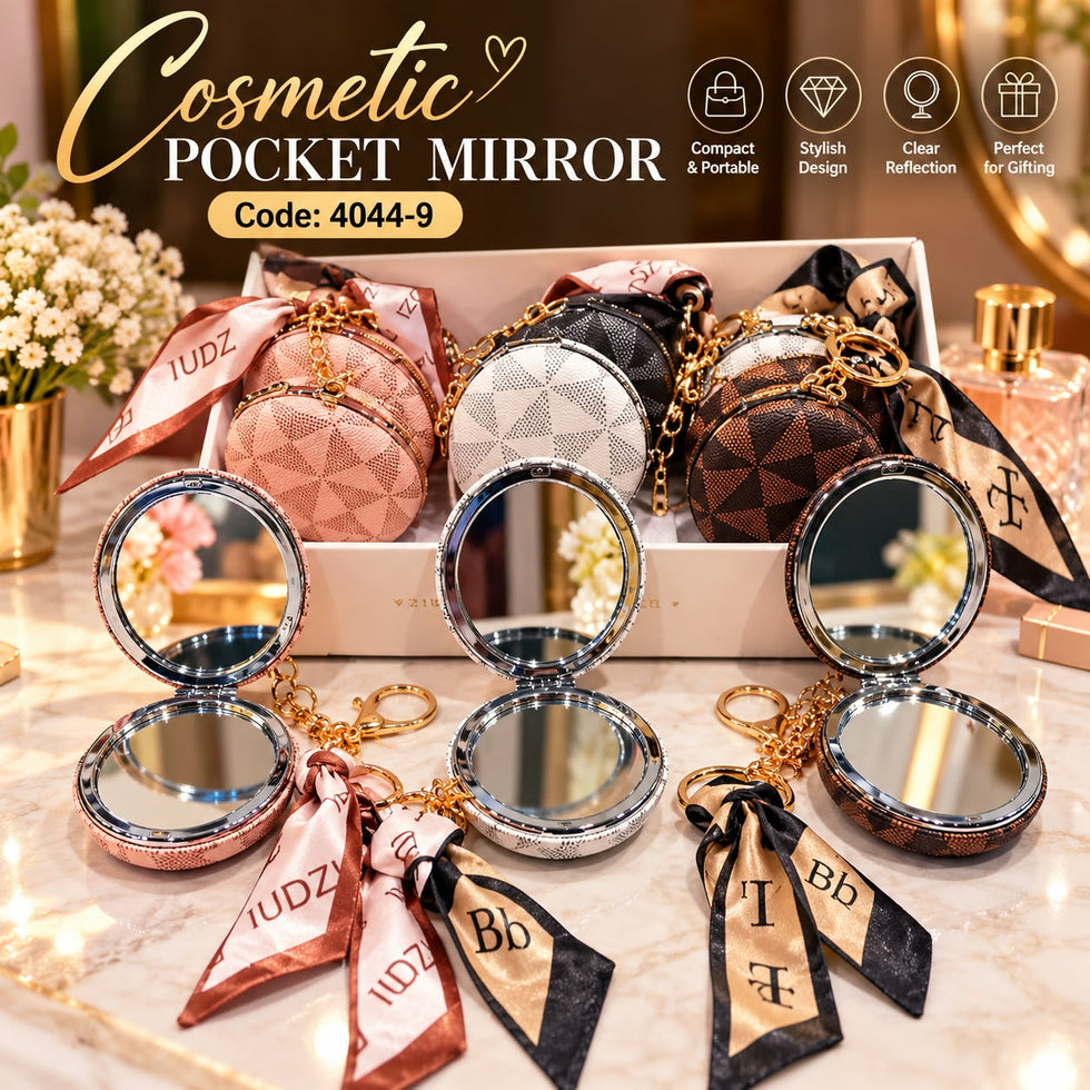 Geometric Print Cosmetic Pocket Mirror - Round with Scarf Keychain (each)