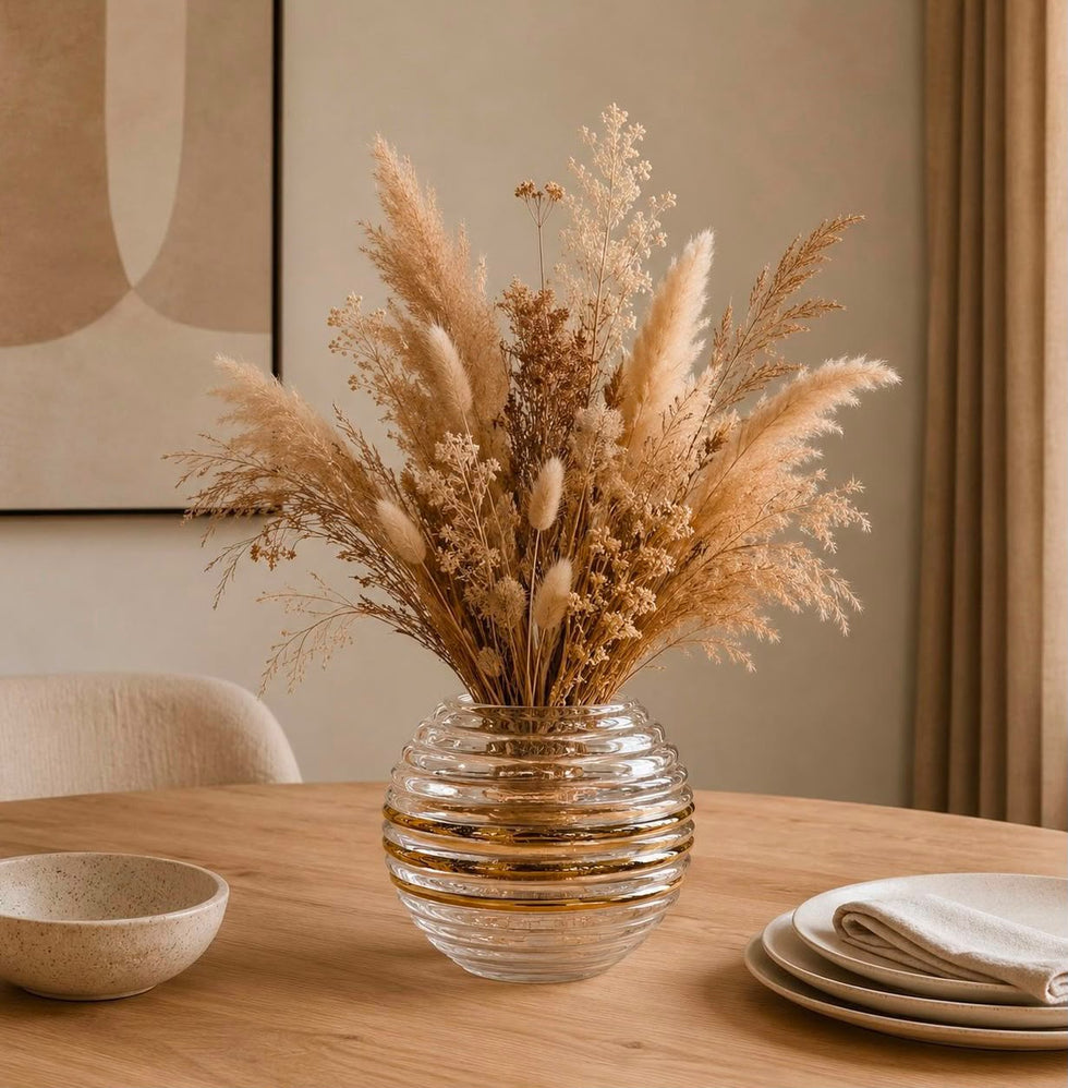 Ribbed Round Glass Vase with Gold Rings - Clear, Without Flowers