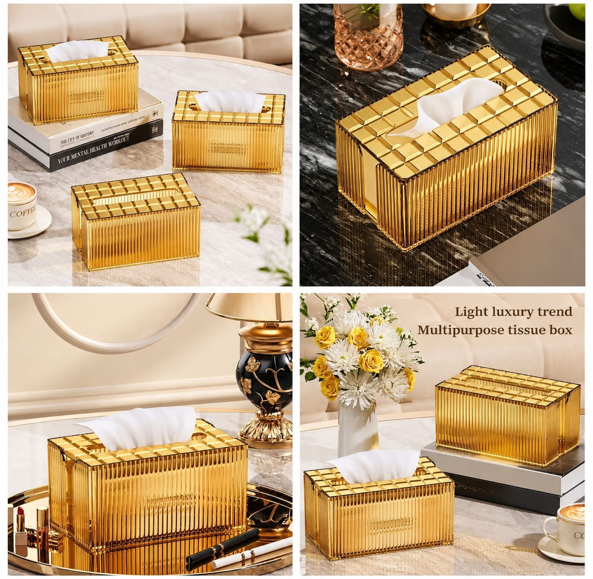 Luxury Gold Ribbed Tissue Box with Grid Pattern Lid
