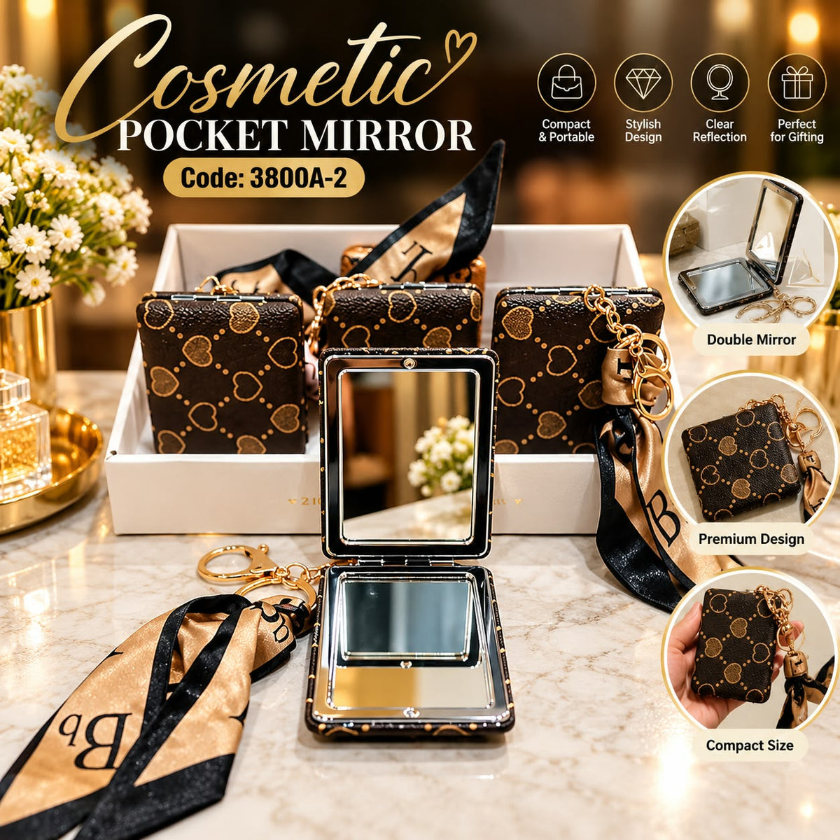 Heart Print Cosmetic Pocket Mirror - Square with Scarf Keychain (each)
