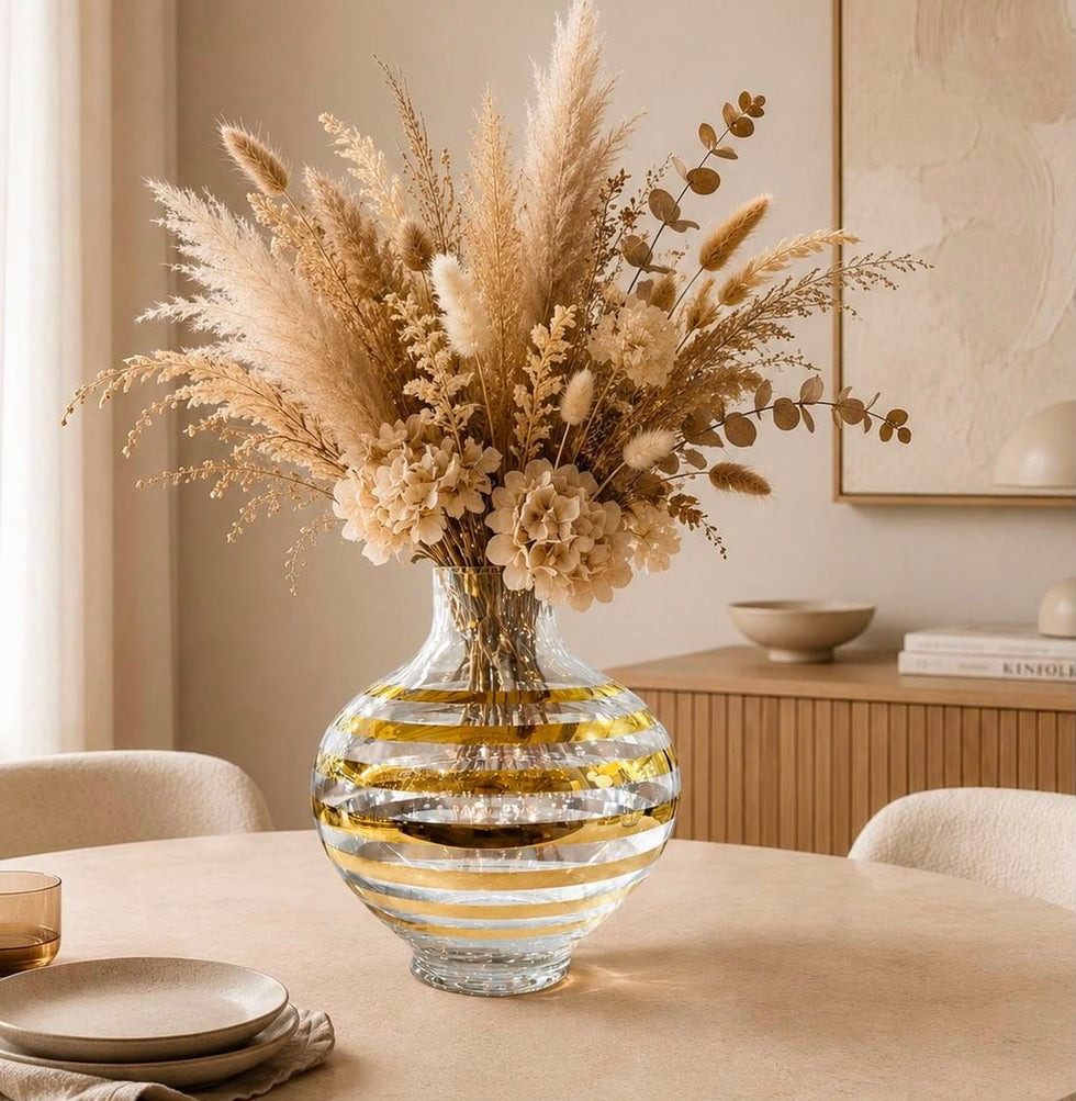 Luxury Gold Stripe Glass Vase - Round Clear Bubble Vase Without Flowers