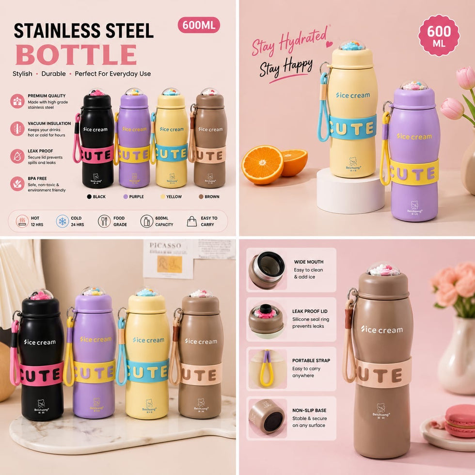 Ice Cream Vacuum Bottle 600ml - Cute Insulated Stainless Steel Bottle