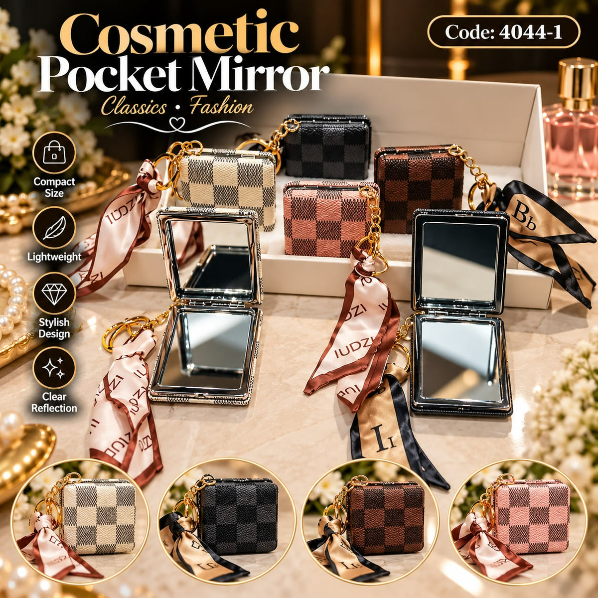 Checkered Cosmetic Pocket Mirror - Square with Scarf Keychain (each)