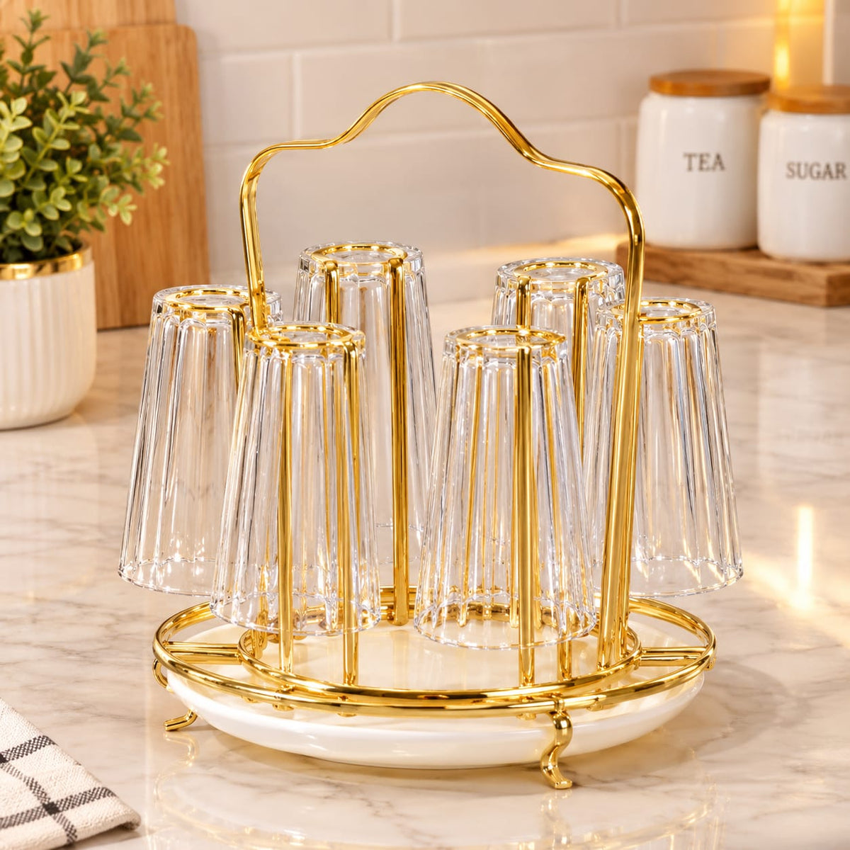Gold Glass Stand - Stainless Steel Glass Holder with Drip Tray and Handle