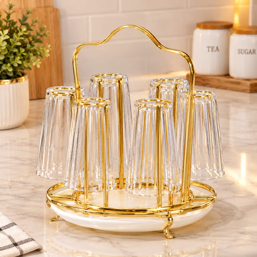 Gold Glass Stand - Stainless Steel Glass Holder with Drip Tray and Handle