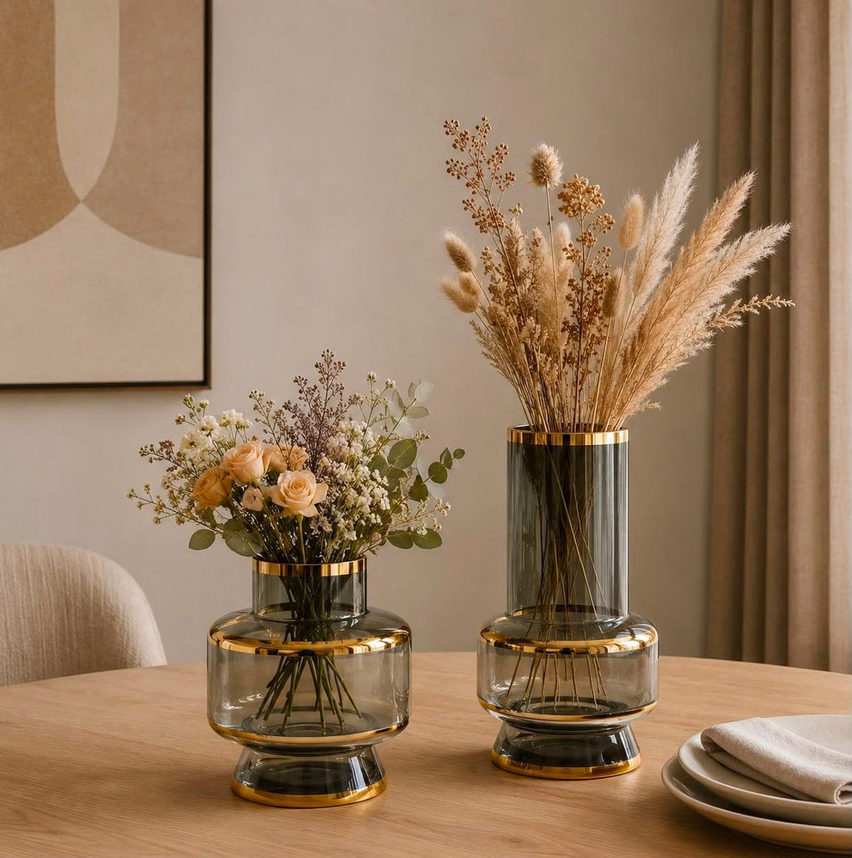 Gold Rim Grey Glass Vase - Pedestal Base