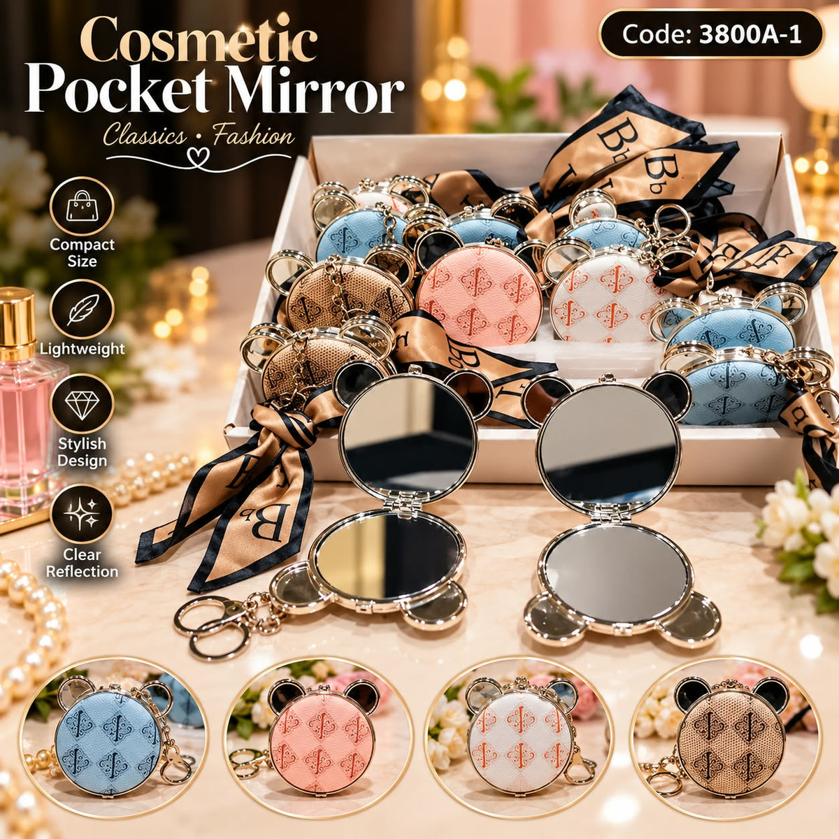 Bear Ear Cosmetic Pocket Mirror - Round with Scarf Keychain (each)