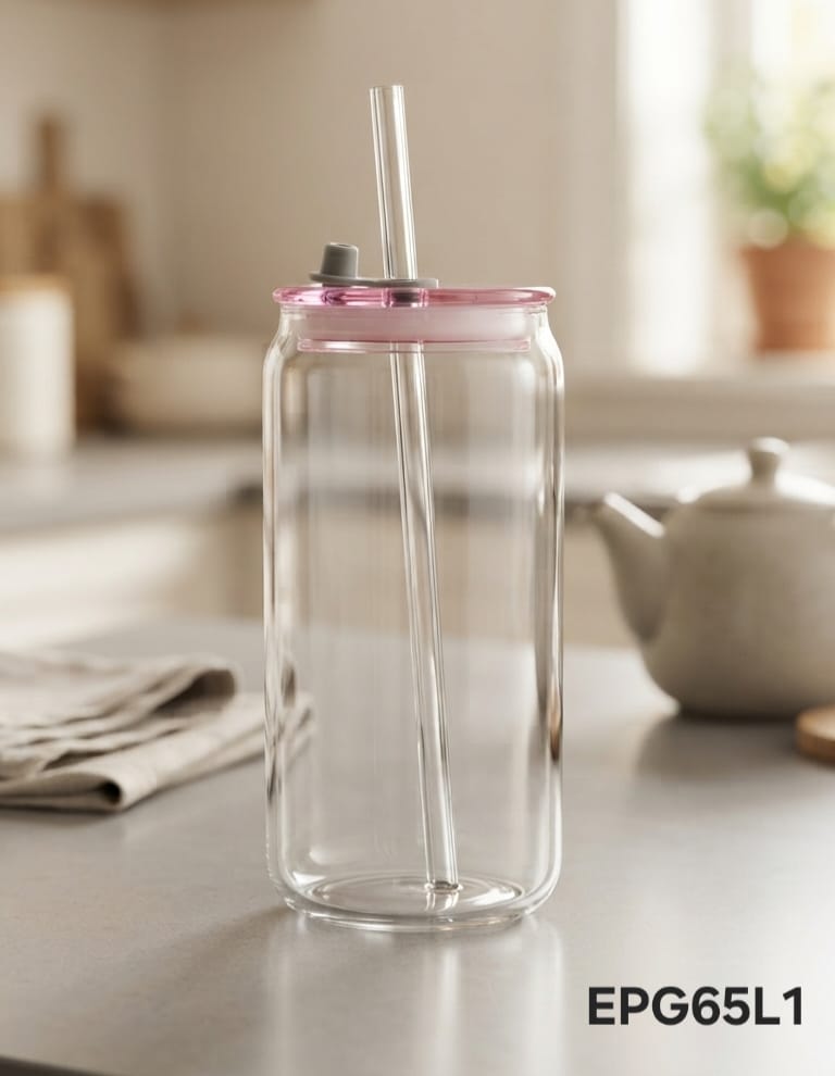 Echou Pink Lid Glass Sipper Tumbler with Straw