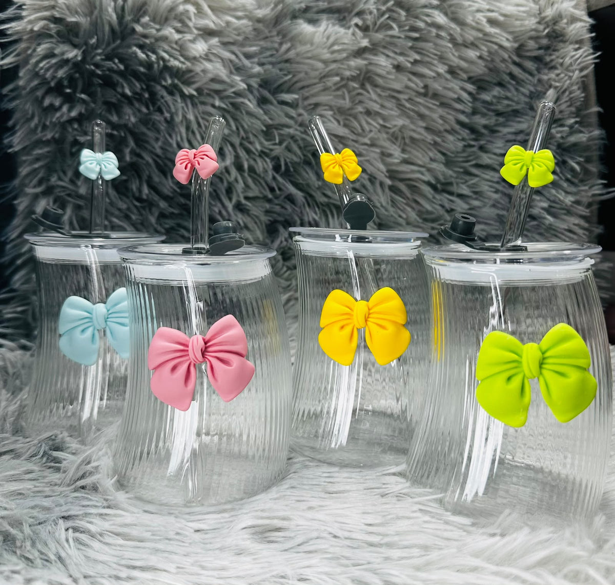 450ml Tilted Mason Jar Bow Glass Sipper with Straw (Random Color)