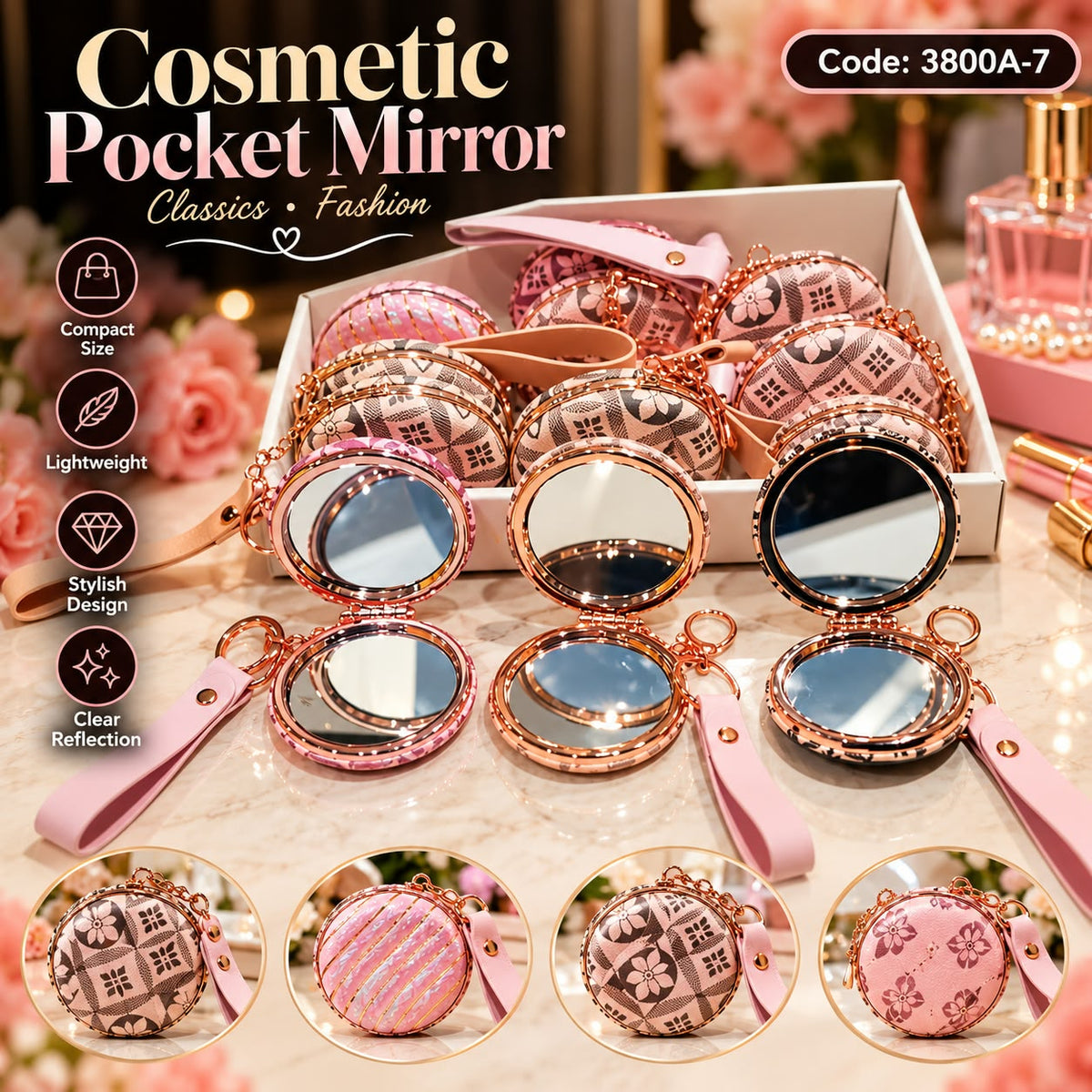 Rose Gold Floral Cosmetic Pocket Mirror - Round with Wrist Strap (each)