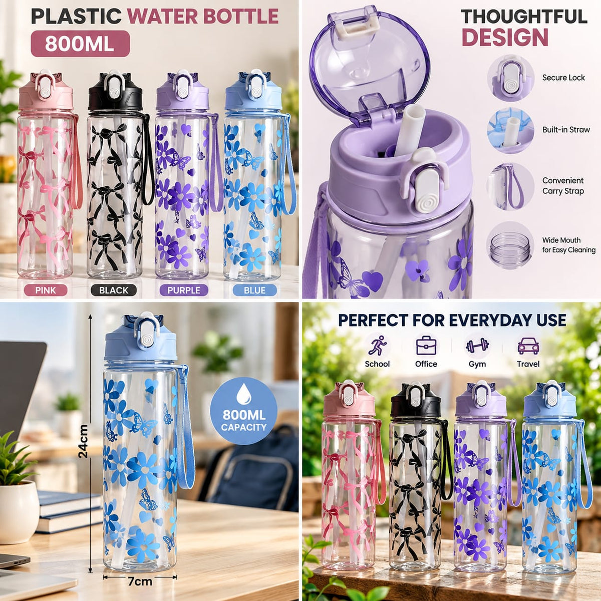 800ml Straw Water Bottle - Clear with Bow and Floral Prints (Random)