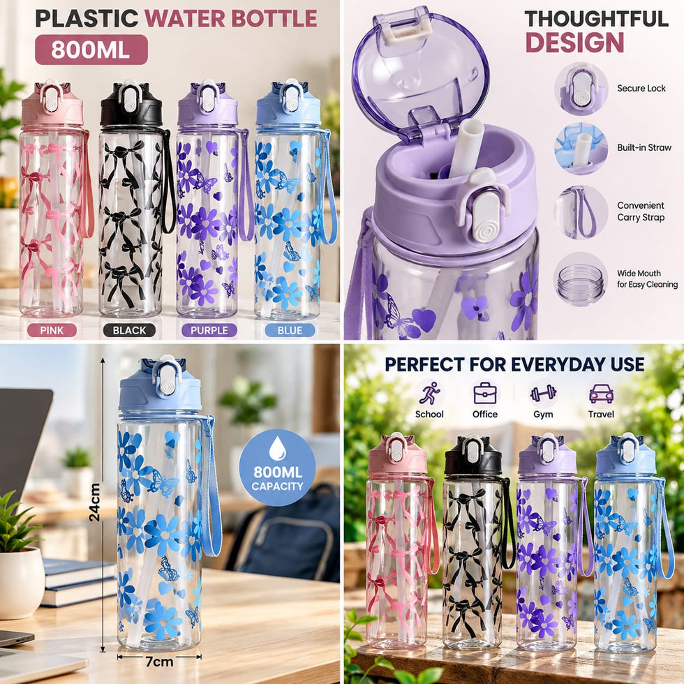 800ml Straw Water Bottle - Clear with Bow and Floral Prints (Random)