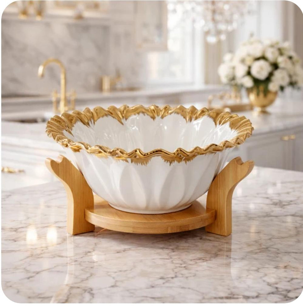 Ruffled Gold Rim Ceramic Bowl with Wooden Stand - 25 cm