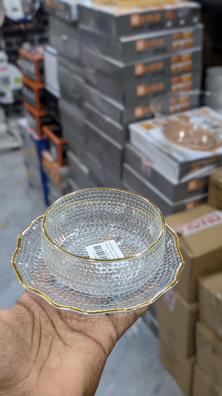 Hobnail Glass Bowl Set with Gold Rim Saucers - 6 Pcs