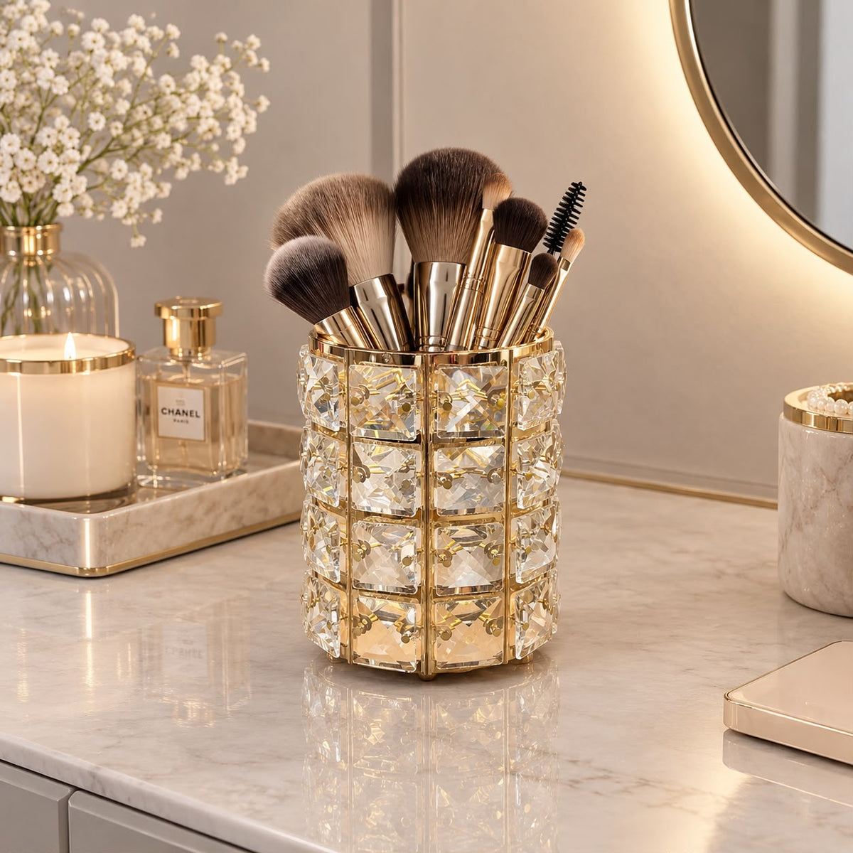 Crystal Makeup Brush Holder - Gold Metal Frame