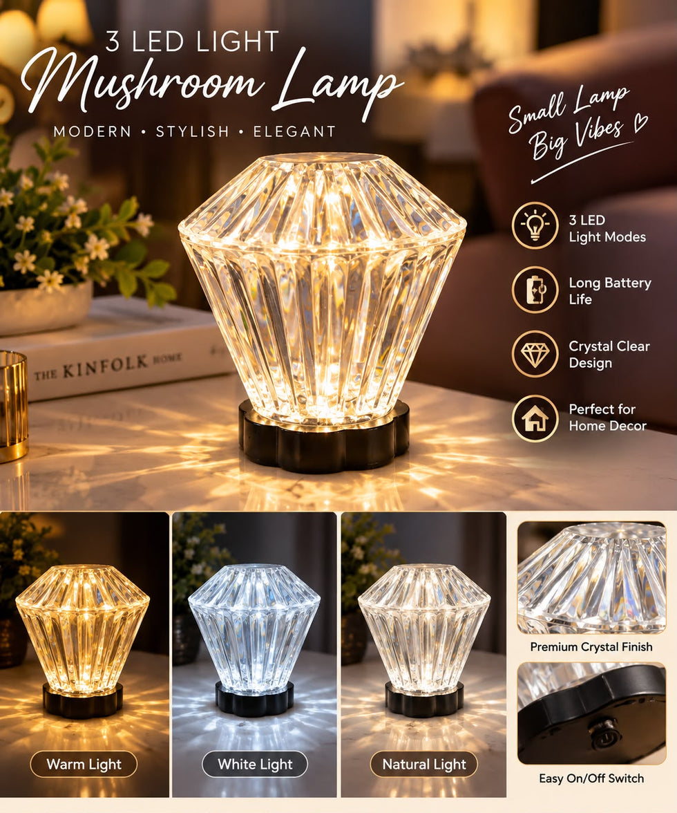 Rechargeable Crystal Mushroom Lamp with 3 Light Modes