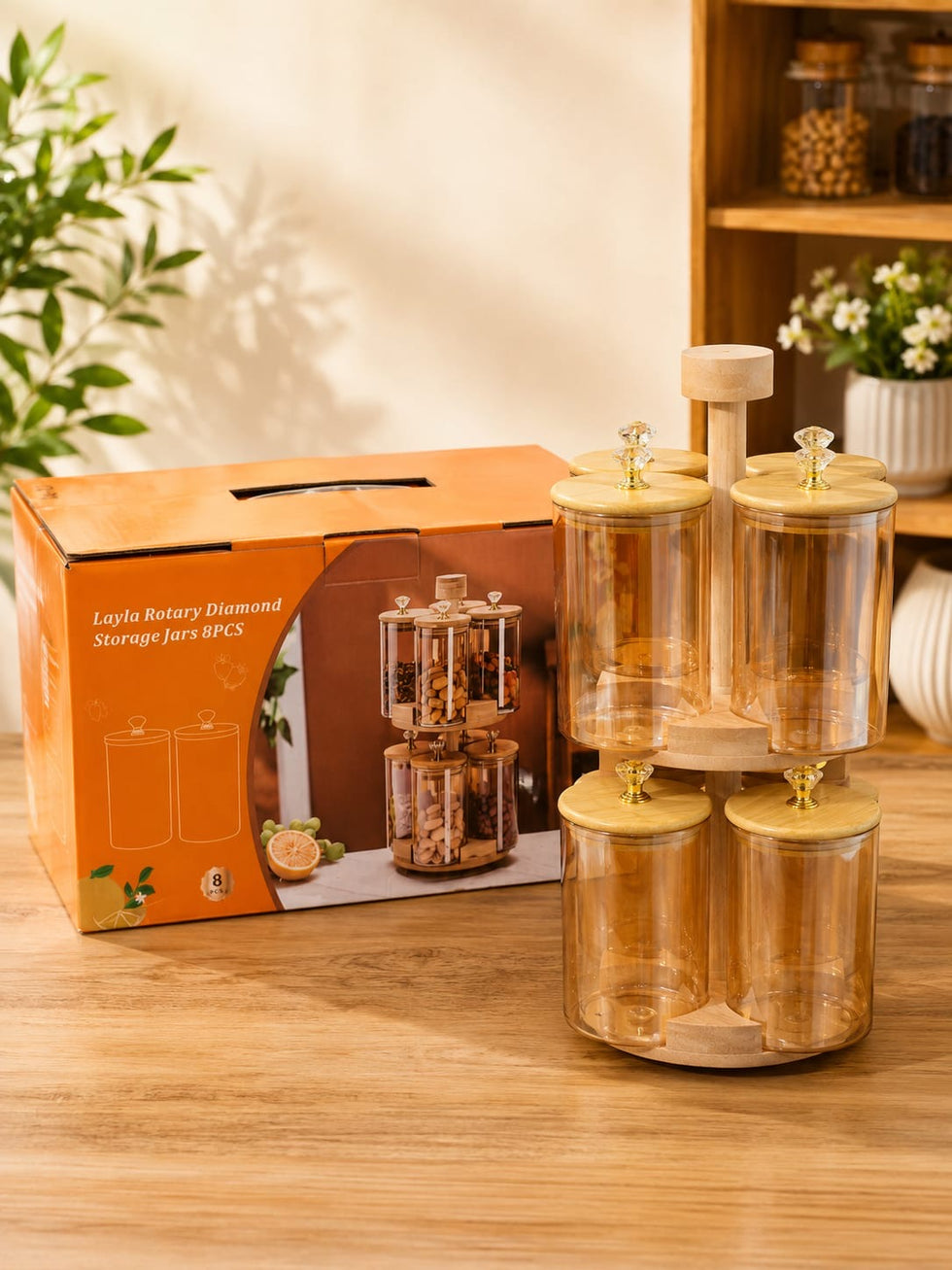 Premium Rotating Glass Storage Jars 8 Pcs Set with Wooden Stand and Diamond Knobs