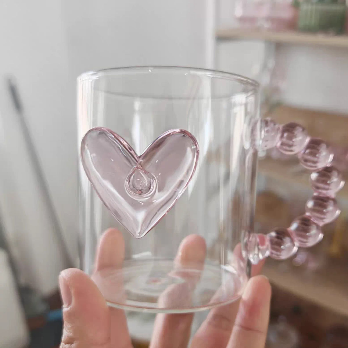 Heart Glass Mug with Pink Dot Bubble Handle - Aesthetic Cup