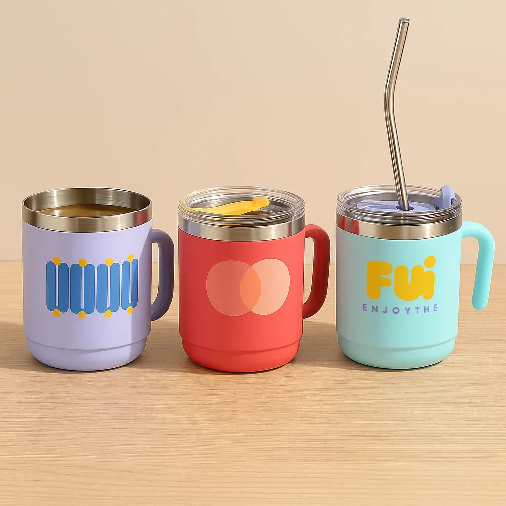 Stainless Steel Cup Set with Handle & Lid - Clarify.pk