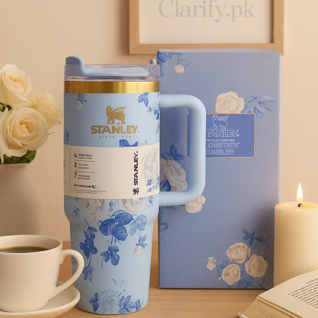 Stanley Blue Floral Tumbler - Elegant & Durable 24oz - Clarify.pk