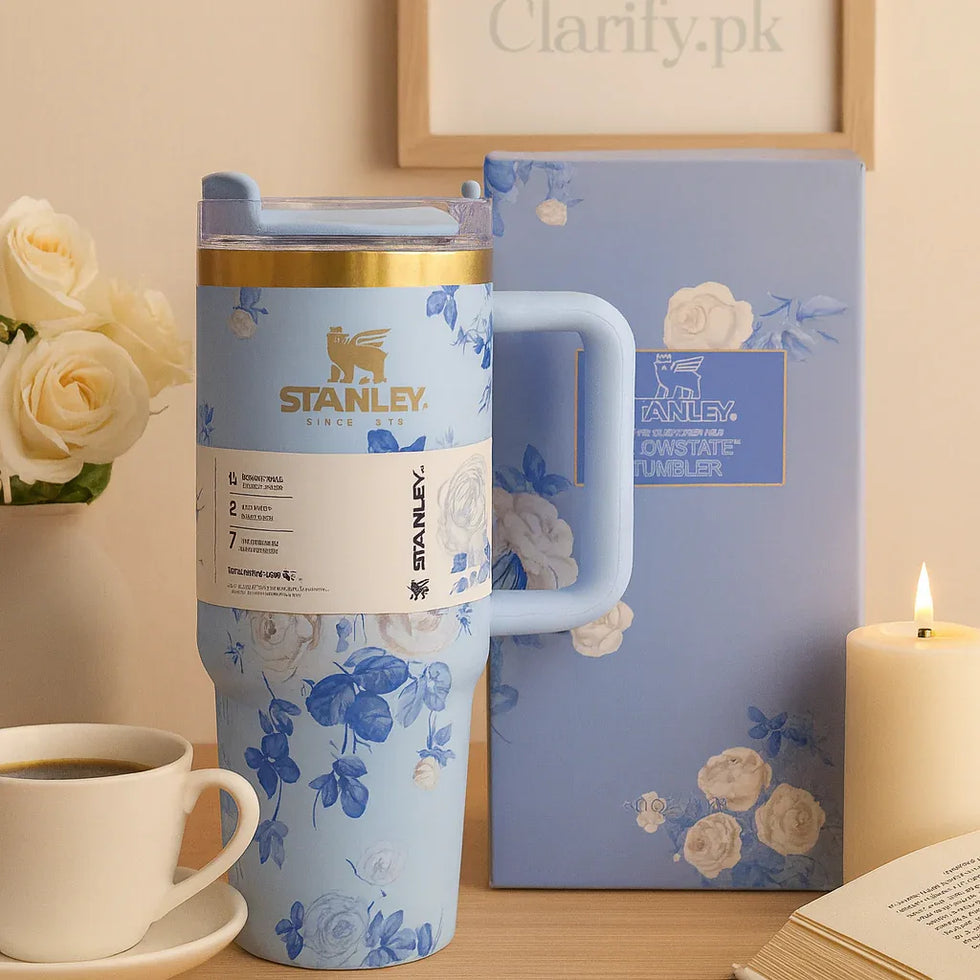 Stanley Blue Floral Tumbler - Elegant & Durable 24oz - Clarify.pk