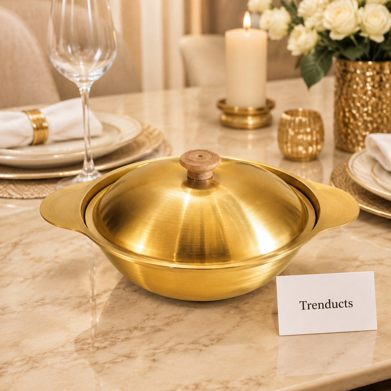 Golden Wooden Knob Serving Bowl Collection