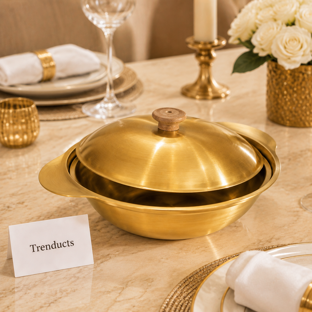 Golden Wooden Knob Serving Bowl Collection