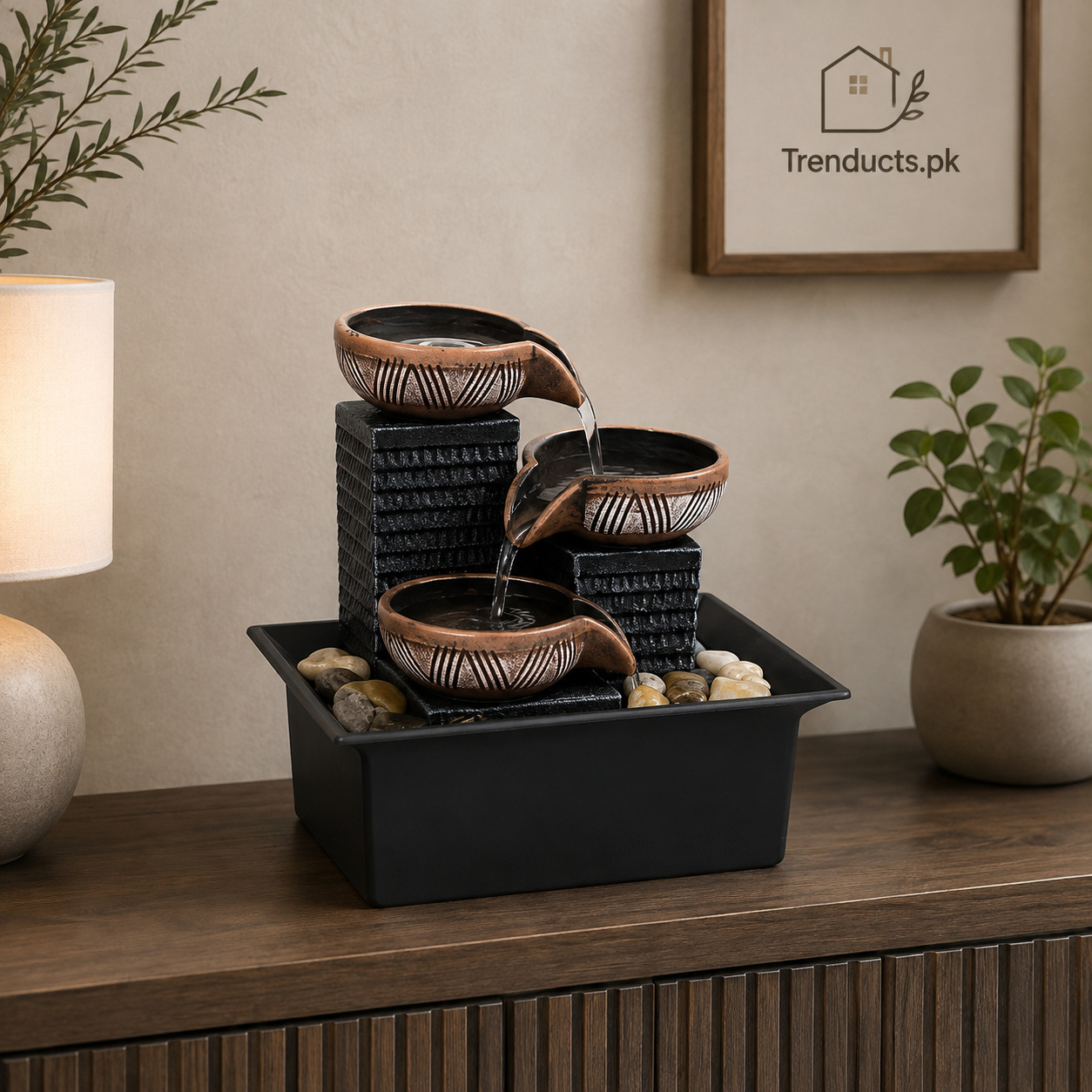 Three-Bowl Zen Waterfall Mini Fountain with Pebbles