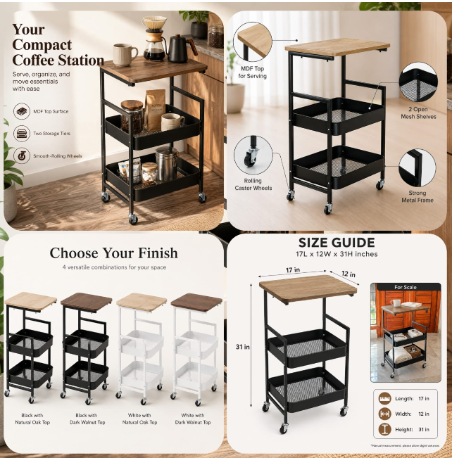 Premium 3-Layer Metal Utility Trolley with Wood Top